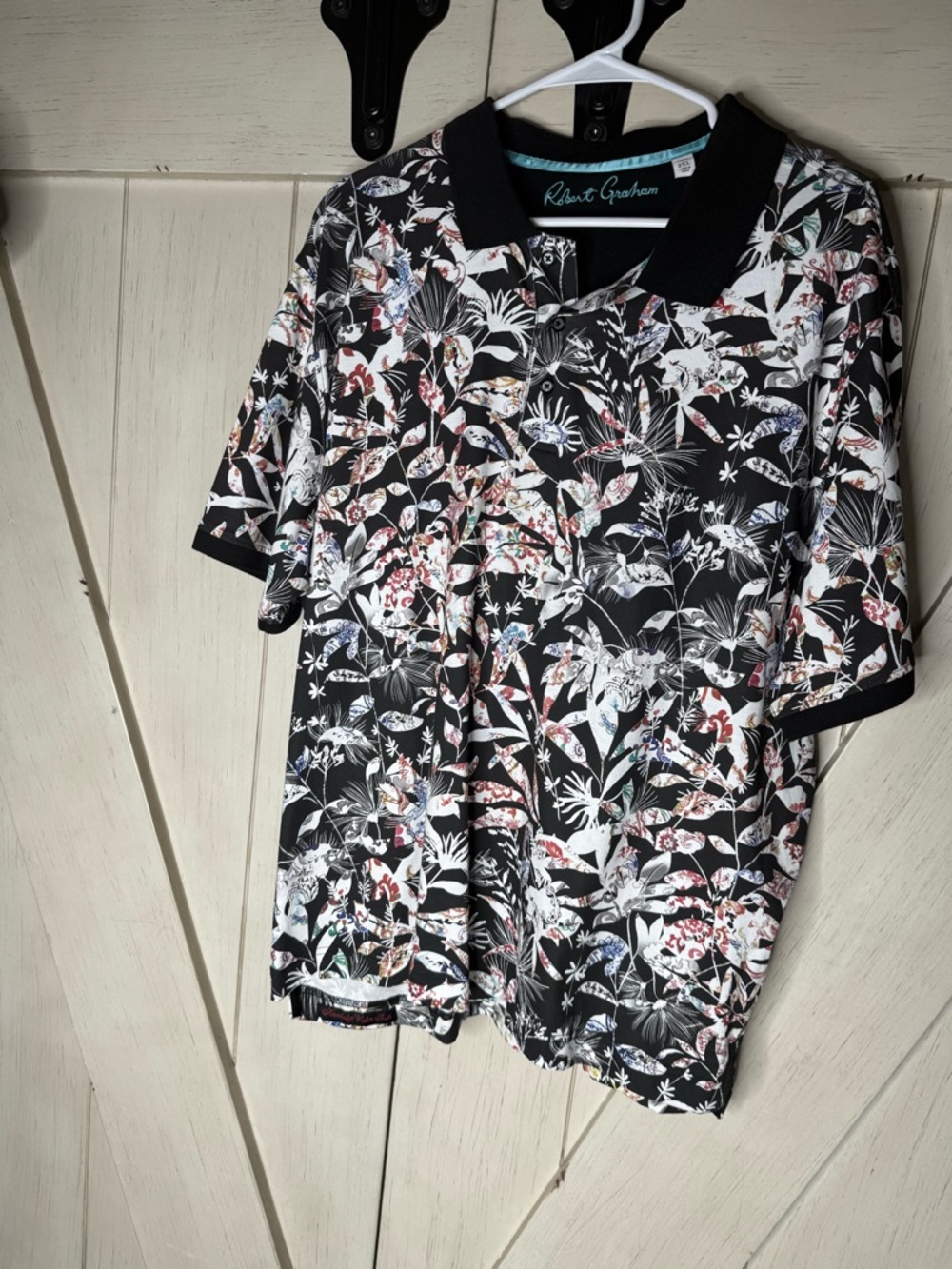 Robert Graham Black Tropical Floral Polo with Multicolor Accents
